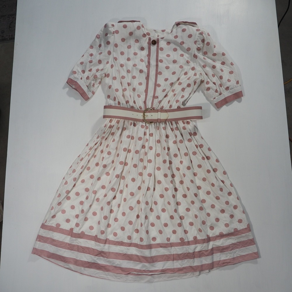 Vintage Lady Carol Dress Womens 16 White Pink Polka Dot Belted 80s Housewife